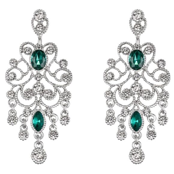 Silver with Diamond and Emerald Austrian Crystal Banquet Chandelier Earrings - Picture 1 of 5